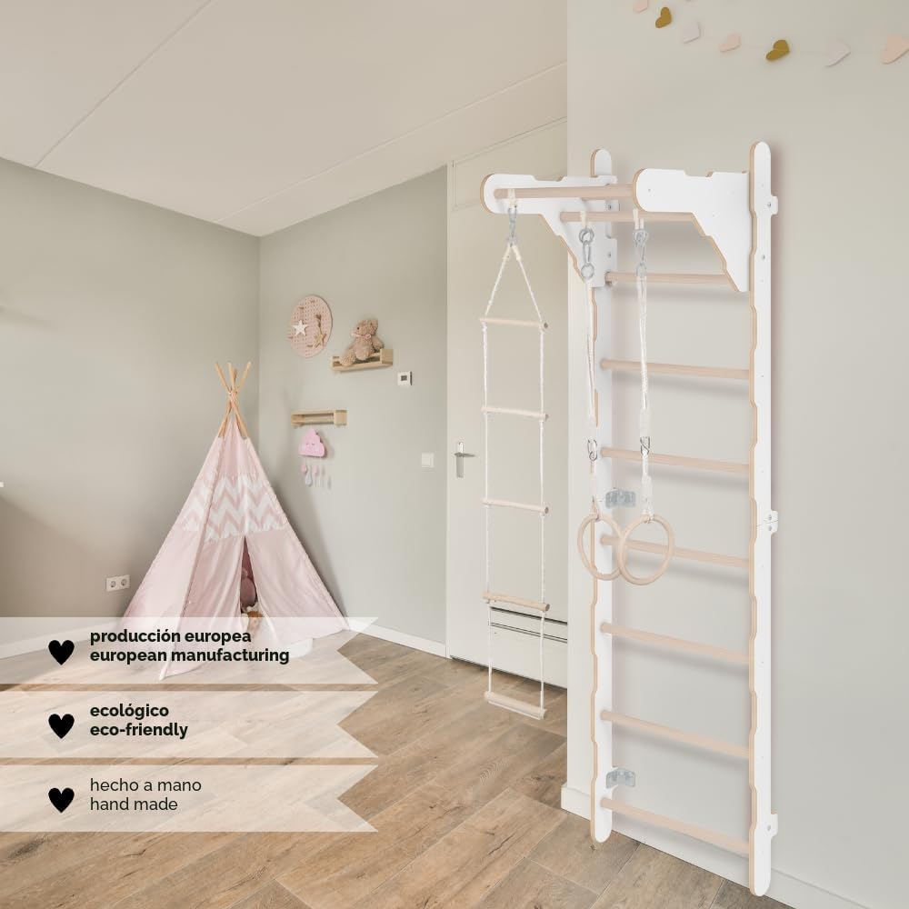 Barra de gimnasia para niños (210 cm), escalera de madera montada en la pared, anillos de gimnasia, esterilla protectora, cuerda de escalada, 100% ecológico, fabricado
