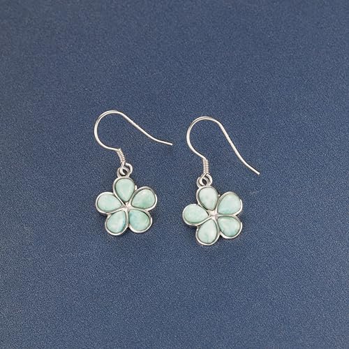 925 Sterling Silver Natural Larimar Gemstone Plumeria Flower Dangle Hook Earrings, Nickle Free Hypoallergenic for Sensitive Skin, Gift Box Included (Small, Larimar Rounded Petals)2