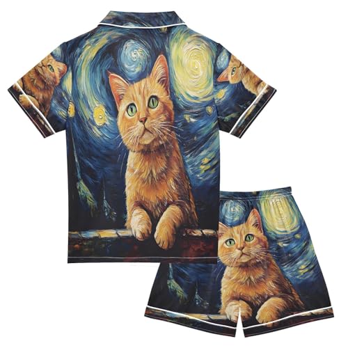 ALAZA Cat Moon Galaxy Oil Painting Van Gogh Satin Pajamas Set Short Sleeve Button Down Sleepwear Summer Pjs 2 Piece2
