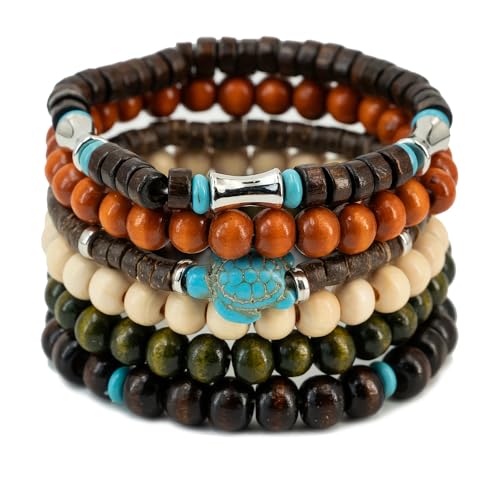 6-Piece, Boho Wooden Beaded Bracelet Set,Multi-Color withTurtle Charm, Unisex
