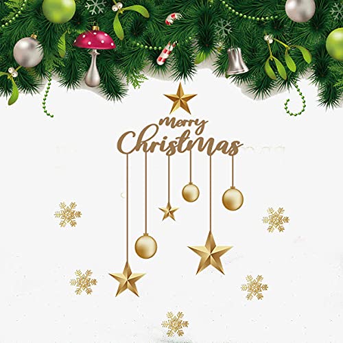 Merry Christmas Snowflake Gold Christmas Ball Bells Stars Decor Wall Stickers, Christmas Decorations Decals for Window Door, Holiday Series Party Décor for Kid’s Room Work Place Classroom Home