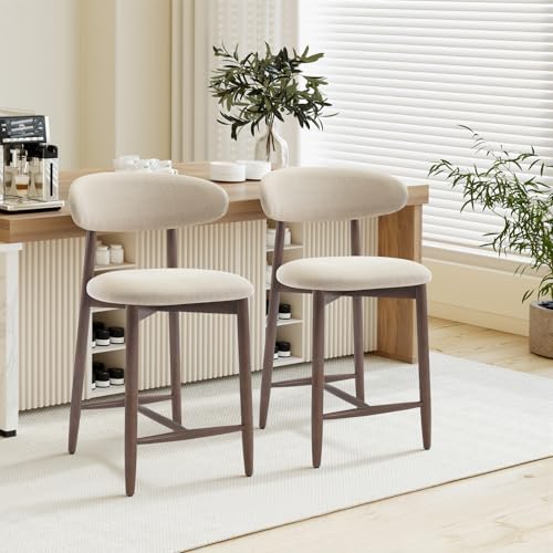 COLAMY 2PCS Counter Height Bar Stools with Back Modern Upholstered Bar Chairs with Ergonomic Backrest & Footrest Rubberwood Frame Breathable Fabric Padded Seat for Kitchen Island & Home Bar