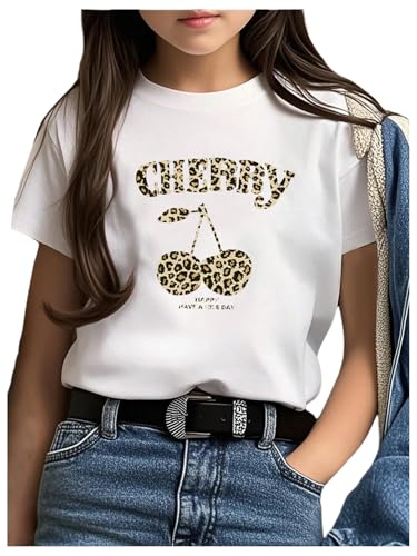 Girl's Cherry Leopard Graphic Tees Crew Neck Short Sleeve Casual Summer Tops