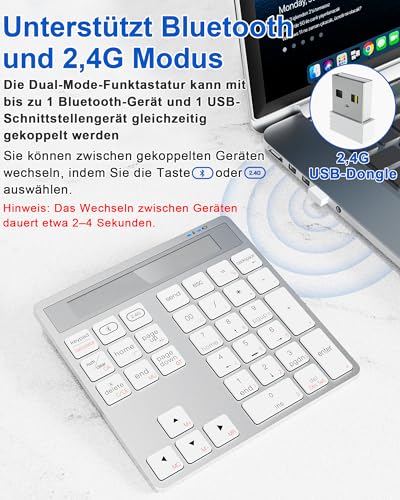 Pubiohs Numpad Bluetooth - Dual Mode Ziffernblock Kabellos Bluetooth & 2,4G mit Taschenrechner, 34 Tasten Kabellos Nummernblock für Mac, MacBook Laptop