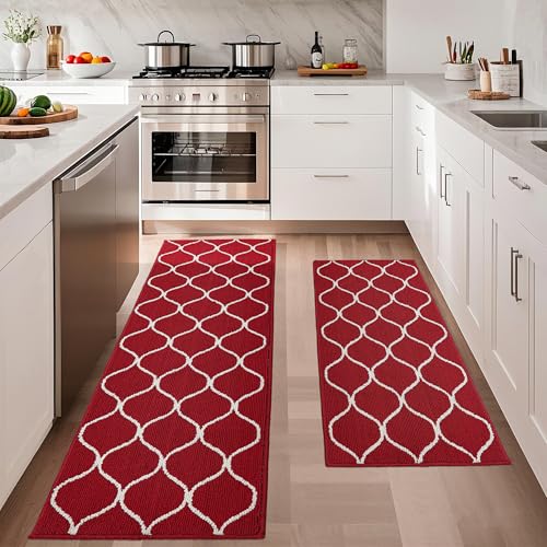 COSY HOMEER 2PCS 23.6x47 Inch 23.6x71.2 Inch Kitchen Rug Mat Set, Soft Absorbent Runner Rugs for Kitchen Front of Sink, Non Slip Washable Kitchen Mat for Floor, Red 23.6 x 47 Inch + 23.6 x 7