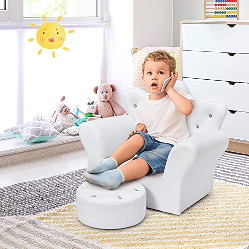 GLACER Kids Sofa with Ottoman, Upholstered Child's Crown-Back Armchair, Princess Chair for Toddler Girls