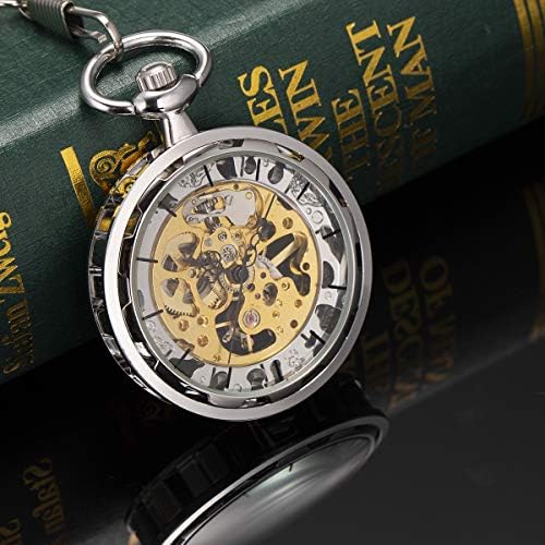 ManChDa Mens Pocket Watch Special Magnifier Mechanical Hand Wind Half Hunter Roman Numerals Antique Fob Watch with Chain + Gift Box(Bronze/Black/Silver)