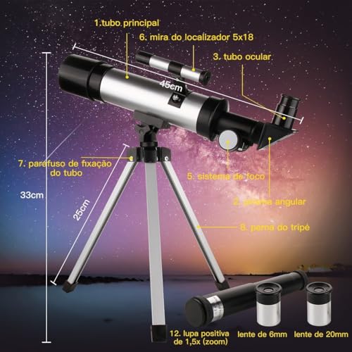 Kit Telescopio Astronômico Luneta F36050 Profissional Portátil Completo com Tripé