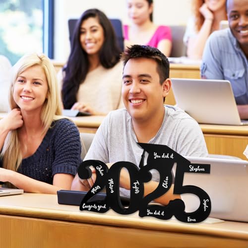 Decorações pretas de graduação, classe de 2025, parabéns, graduação, mesa de madeira, adereços de ca