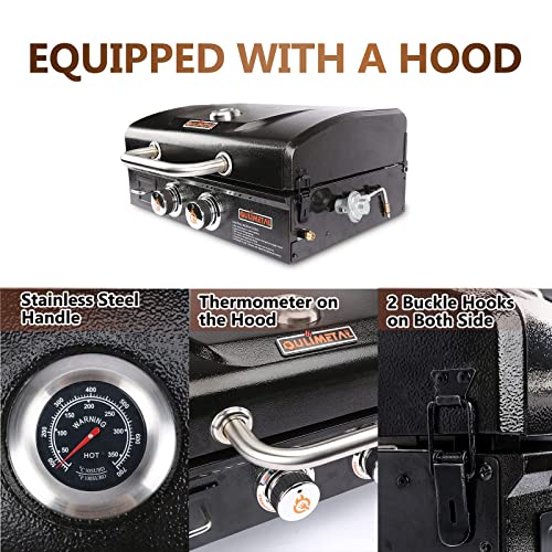 Qulimetal 4 Feet Propane Adapter Hose And Portable Table Top Griddle, 22 Inch 2-Burner Propane Gas Flat Top Grill With Hood, 24,000 Btus Camping Grill With Carry Bag #TOP2