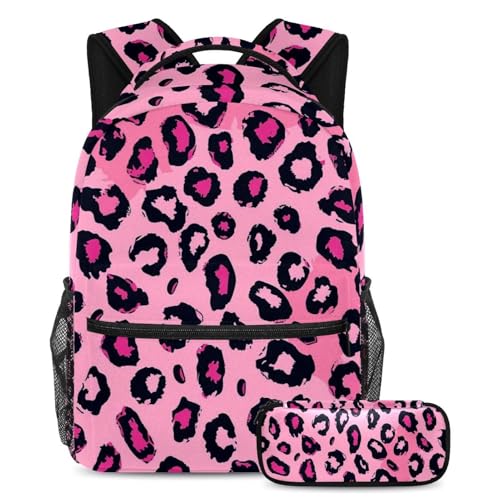 Sac à dos imprimé léopard rose grand format avec trousse scolaire pour enfant et ado