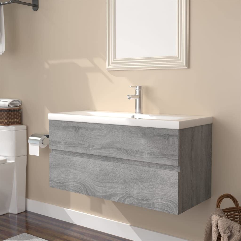 Armario de lavabo con lavabo empotrado, color gris, material de madera Sonoma, 90 x 38,5 x 45 cm, mueble de baño con cajón y espacio de almacenamiento, para colgar en la pared para inodoro