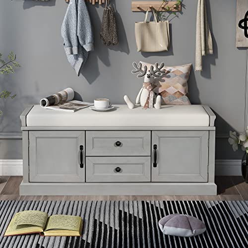 Merax Gray Wash Classic Wood Shoe Storage Bench with Drawers and Seat Cushion for Entryway Hallway Front Door, Type 1