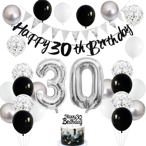 Image of 30th Birthday Decorations for Men, Black Silver 30th Birthday Balloons with Black Happy 30th Banner 30 Cake Topper Decor Number 30 Balloon for Women 30th Party Decoration