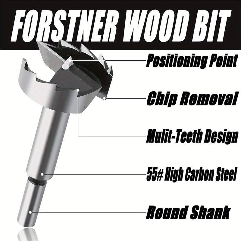 Forstner Drill Bit Set High Carbon Steel Tools 5pcs 15mm 20mm 25mm 30mm 35mm Self Centering Hole Saw for Wood Plastic Plywood Round Shank Precision Cutting (Type:#A)
