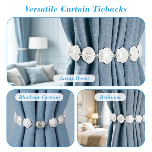 Image of HASTHIP 2Pcs White Seashell Chain Curtain Tiebacks for Heavy Drapery, Magnetic Curtain Holdbacks, Decorative Coastal Curtain Tie Back for Living Room & Bedroom, 40cm
