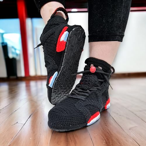 Custom Air Sneakers 6 Black Infrared Crochet Sneakers Slippers - Handmade Basketball Sneaker Style Knitted Booties, Personalized Funny Lightweight Cozy Shoes, Streetwear Hip Hop Style Comfort Shoes3