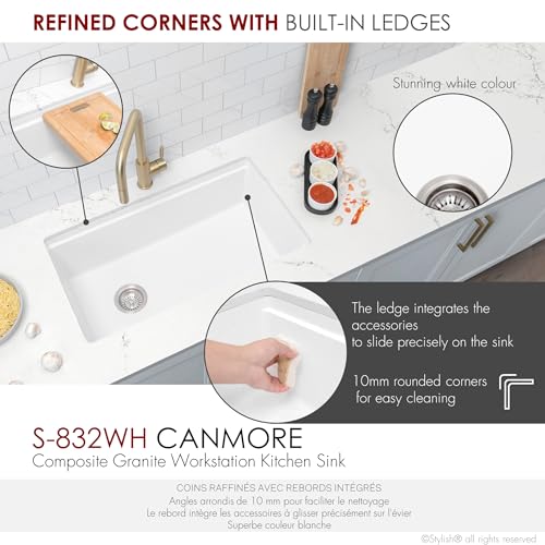 Image of Stylish 32 x 18 Inch Composite Granite Workstation Kitchen Sink, Single Bowl Under Mount & Drop in, 9.5 in Deep, with Cutting Board, Roll-Up Drying Rack, Colander & Strainer, White, S-832WH