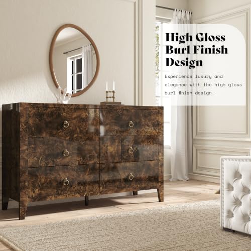Image of AMERLIFE 47 inch Wide 6 Drawer Dresser with High Gloss Burl Wood, Brown | Mid-Century Modern Dresser & Chest of Drawers, Anti-Tip Storage Organizer for Bedroom, Living Room, Office, and Entryway