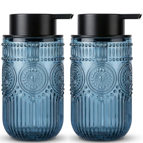 Blue Glass Foaming Soap Dispenser 14 OZ Vintage Embossed Foam Hand Soap Dispenser Refillable Foam Dispenser with Black Pump for Bathroom Kitchen Decor Large Capacity