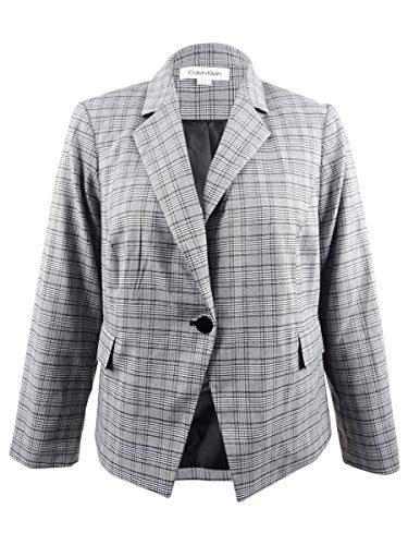 Calvin Klein Womens Plus Professional Plaid One-Button Blazer Gray 14W