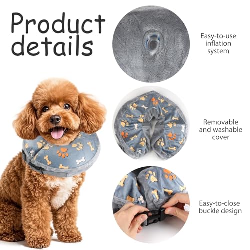 Aufblasbare Halskrause für Hund Katze, Hundekragen Leckschutz, Weicher Schutzkragen Leckschutz nach OP oder Kastration, Genesungshilfe für Hunde und Katzen (Graue M)