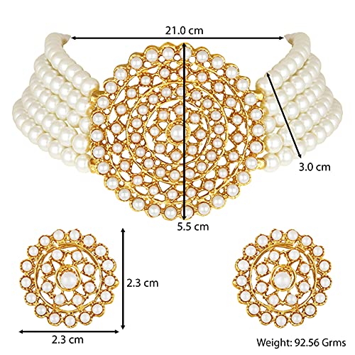 Aheli Pearl Diamond Choker Necklace With Round Earrings For Women Girls Indian Traditional Bollywood Fashion Jewelry Set (White) #TOP7