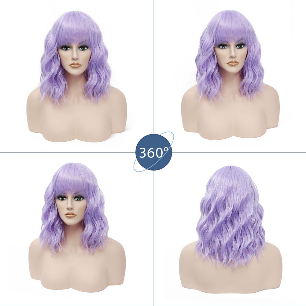 LOSMOEER Purple Wig with Bangs Short Wavy Wigs for Women Shoulder Length Curly Bob Wigs Heat Resistant Synthetic Wigs for Halloween Cosplay Daily Party Use - Image 5