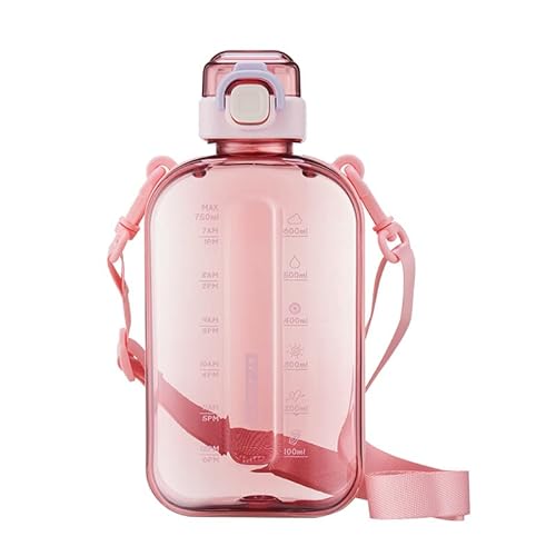Swygoo 750ml Flat Water Bottle, Outdoor Sport Water Bottle with One Click Open Leak Proof Cap, BPA Free Portabale Travel Flask w/Time Marker and Carry Strap for Sports,Travel and Fitness (Pink)