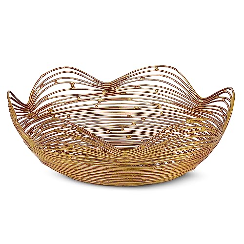 Mela Artisans Metal Bowl, Gold, Large, 12” x 4.5” x 6”, Ruffle Decorative Style Bowls for Fruits & More, Kitchen Counter w/Round Underneath, Handmade, Sustainable, Elegant, Modern