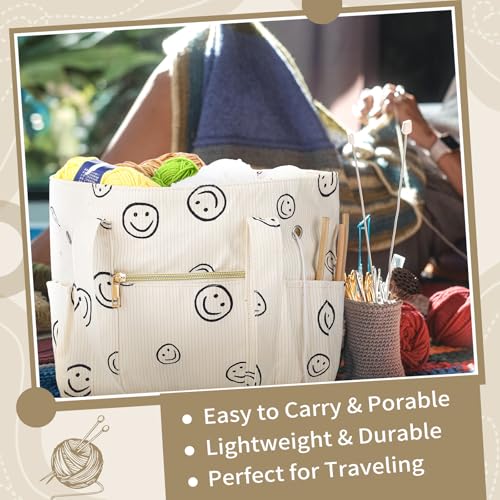 Image of Bulyoou 2 Pcs Crochet Bag and Tote Set, Corduroy Yarn Bag with Grommets, Smile Face Crochet Project Bags Organizer for Hooks, Needles, Knitting Accessories, Gifts for Women Yarn Crafts Lovers