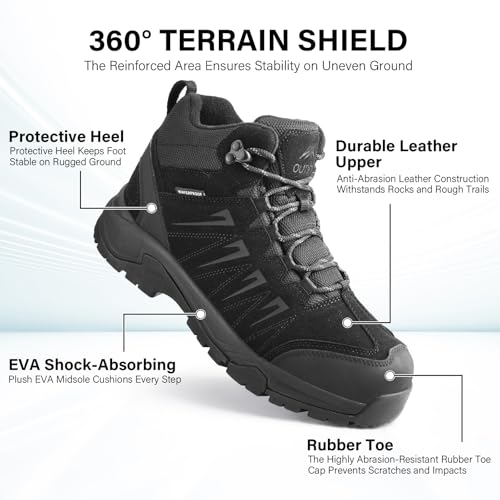 Image of Men's Waterproof Hiking Boots Lightweight Leather Mid Ankle Outdoor Trail Trekking shoes