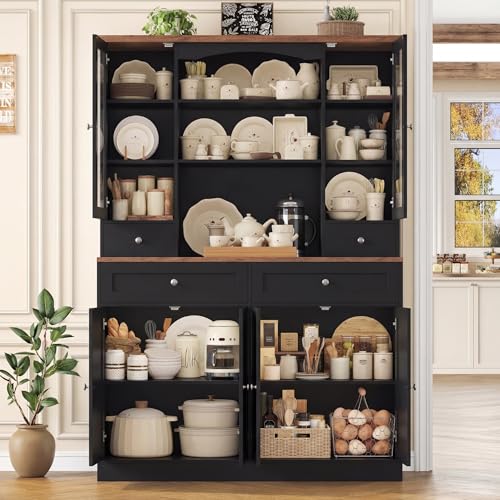HIFIT 71\'\'Tall Food Pantry Cabinet, 47.2\'\' Wide Kitchen Hutch with 4 Drawers & Shelves & Wine Rack, Glass China Cabinet for Dining Living Room, Black