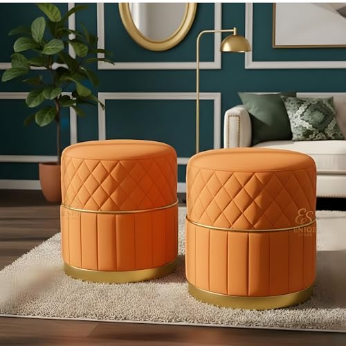 Image of Set of 2 Round Velvet Ottoman Footstool Gold Base - Tufted Upholstered Pouffe Stool for Living Room, Bedroom & Dressing Area (Orange)
