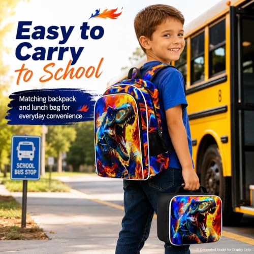 Image of 17 inch Dinosaur Backpack, Boys Kids Bookbag with Lunch Box, 3Pcs Dino School Backpacks for Elementary Preschool Kindergarten (Fire Red)