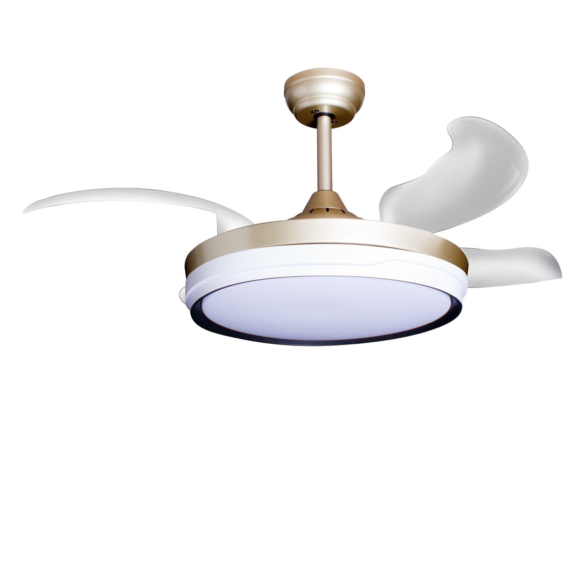 Eclipse Deckenventilator mit Beleuchtung, Leise mit 6 Windstufen, App | Fernbedienung, Sommer und Wintermodus, 4 transparente Rotorblätter, 4500 m³/h, CTT 3000 K-6500 K, Goldfarbene Basis, Kelora