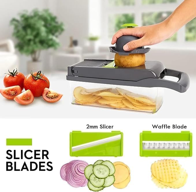 Image of 14 in 1 Vegetable Chopper Mandoline Slicer with 8 Stainless Steel Blades - Multifunctional Onion Cutter, Dicer, Grater, Peeler & Chipser with Drain Basket & Container - Kitchen Gadgets Set