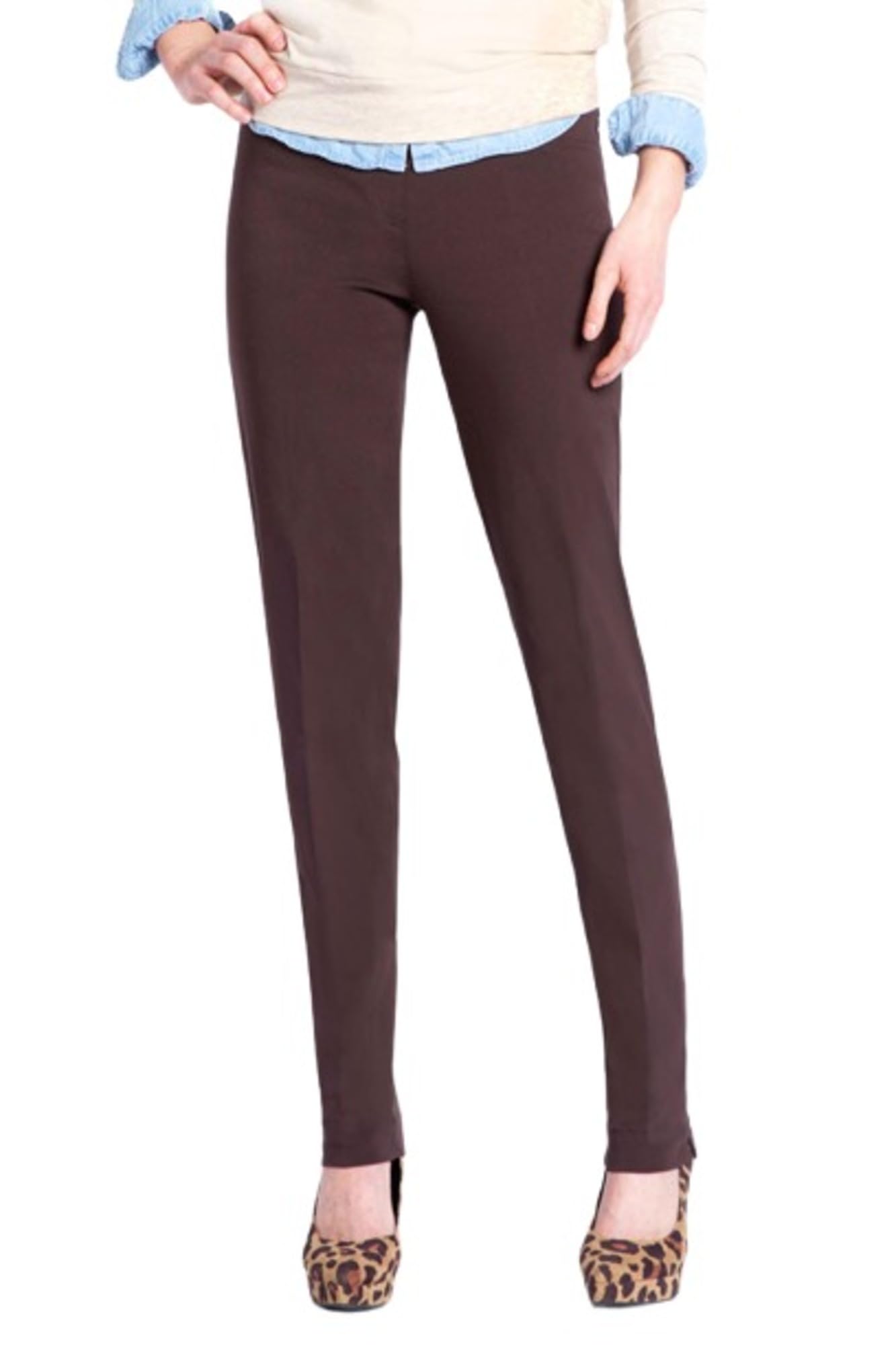 SLIM-SATION Women's Wide Band Regular Length Pull-On Straight Leg Pant with Tummy Control, Chocolate, 4