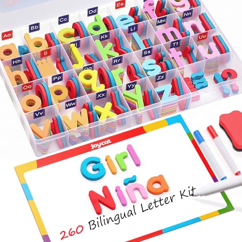 JoyCat English & Spanish Magnetic Letters Kit, 260 Pcs Foam Alphabet Magnets with Spanish Symbols & Double-Sided Magnetic Whiteboard, Bilingual Preschool Learning Toys for Classroom & Homeschool