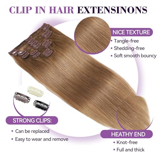 Image of Clip in Hair Extensions Real Human Hair 16 inch 90g /3.2oz Straight Seamless Invisible Human hair Extensions Clip ins for Women Double Weft 8pcs #6-Chestnut Brown