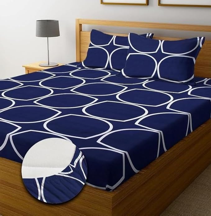 Image of 210 TC Glace Cotton Soft Cotton Elegent Design Fitted King Size 72x78x10 inches Bedsheet Set - Lightweight & Durable 1 Bed Sheet with 2 Pillowcase 17x27 inches BlueGollaa