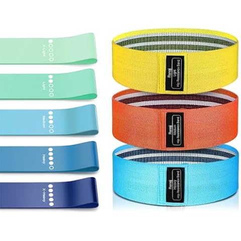 Bundle Set of 8 Resistance Bands for Workout, 5 Latex Exercise Bands and 3 Fabric Booty Bands with 2 Portable Bags Cover