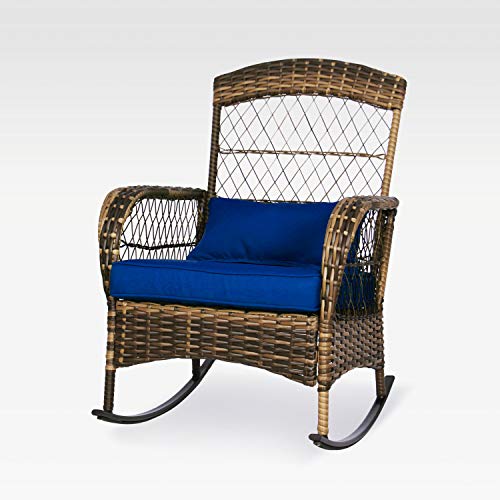 ENSTVER 3 Pieces Patio Conversation Set w/ 2 Rattan Wicker Rocking Chairs and Glass Table,for Garden Backyard Lown Porch(Dark Blue) - Thumbnail 3