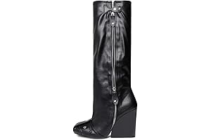 Kluolandi Women's Stretch Flat Over the Knee Black Square Toe Buckle Strap Boots