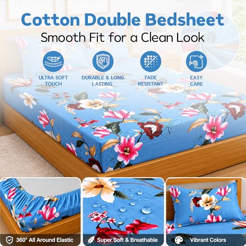 Image of DECORUM Glace Cotton Fitted 1 Bedsheet King Size (72 inchx78 inch) | All Around Elastic | Cotton Feel | 2 Pillow Covers (17 inchx27 inch) | Fits Up to 8 inch Mattress | 200-220 TC | Printed Double Bed Sheet Set