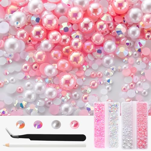 Meibite 4298Pcs Light Pink White Pearl Rhinestones for Crafts Mixed Size 3mm-8mm AB Color Round Half Pearls Flatback Pearl Beads and Resin Rhinestones Set for Face Art