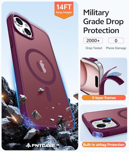 Image of FNTCASE for iPhone 15 Case: for iPhone 14 Case & iPhone 13 Case [Compatible with Magsafe] Translucent Matte Cases with [Screen Protector] Military Grade Shockproof Protective Phone Cover - Wine Red