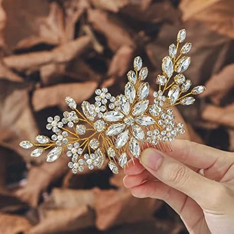 Unsutuo Crystal Bride Wedding Hair Comb Silver Rhinestone Flower Bridal Hair Pieces Pearl Wedding Hair Accessories for Women and Girls… (Gold) Cover