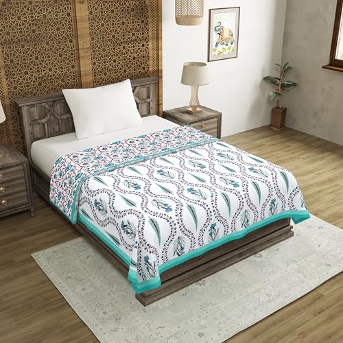 Image of BLOCKS OF INDIA Hand Block Printed Cotton Single Size Reversible Malmal Dohar for Summer (Turq Patti)