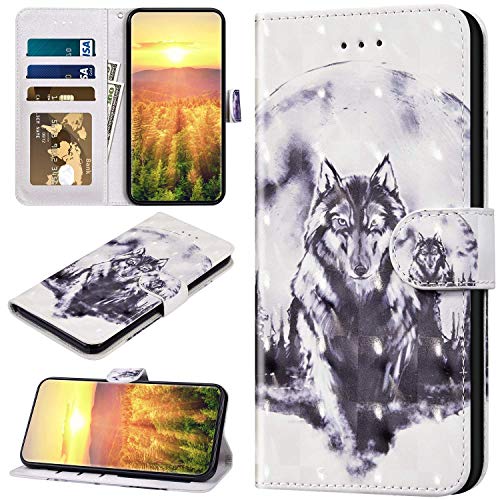 Robinsoni Case Compatible with Huawei Enjoy 9 Plus Phone Case Wallet PU Leather Glossy Shockproof Case Notebook Cover Folio Flip Stand Book Style Case TPU Inner Silicone Cartoon Animal Case Wolf